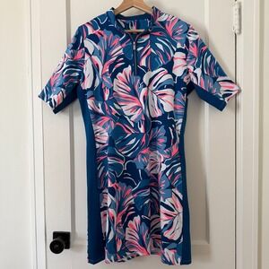 Tail Activewear 1/4 Zip Tropical Print 35" Golf Tennis Dress Blue Pink Size L